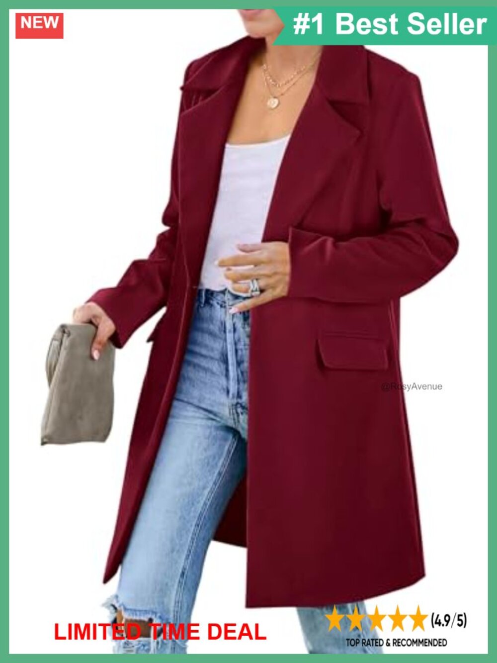 Women's Long Blazer Jacket Notch Lapel Business Casual Loose Fit